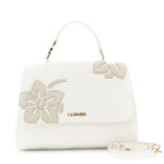 Borsa a mano con pattina in materiale effetto pelle con applicazioni floreali avorio