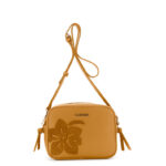 Borsa a tracolla Cafè Noir in materiale effetto pelle con applicazioni floreali Nocciola